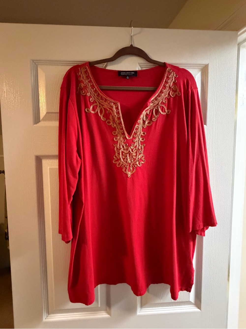 Jones New York Red Tunic with Gold Embroidered V-Neck